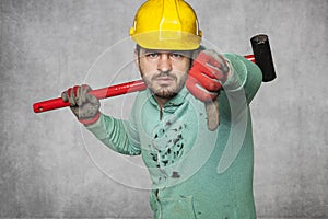 Thumb down and unhappy worker`s face