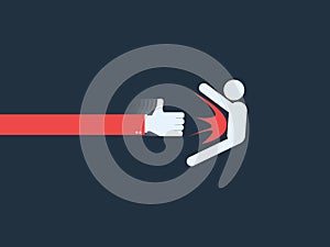 Thumb up as a symbol of social networks punching person. Satirical concept modern internet.