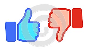 Thumb up blue and thumb down red icons. Up and down index finger sign - vector