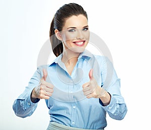 Thumb up. Business woman isolated white background.