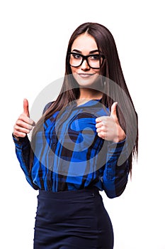 Thumb up. Business woman isolated white background.