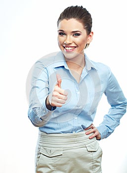 Thumb up. Business woman isolated white background.