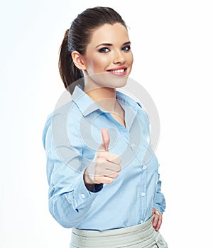 Thumb up. Business woman isolated white background.