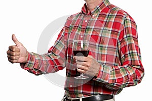 Thumb up concept: man in thumb up gesture and a glass of red wine isolated on white background with clipping path included