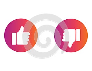 Thumb up and down in colorful gradient design. Ok and negative symbol. Positive or bad choice. Isolated illustration of