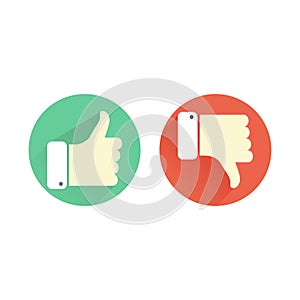 Thumb up and down green and red icons. Like and dislike round bu