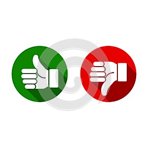 Thumb up, thumb down, green and red sillouettes. Vector photo