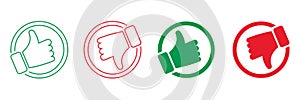 Thumb Up, Thumb Down Line and Silhouette Icon Set. Good and Bad Gesture Button Red and Green Sign. Like and Dislike
