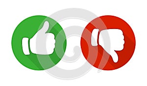 Thumb up and down red and green icons. Vector illustration. I like and dislike round buttons in flat design. Vector