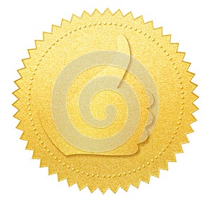 Thumb up gold paper seal or medal isolated