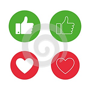 Thumb up on green circle and heart on red circle isolated on white background. Hand icon. Flat button. Web button. Linear button
