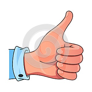 Thumb up. Hand gesture. Like for social medias. Cartoon style. Vector isolated on white background