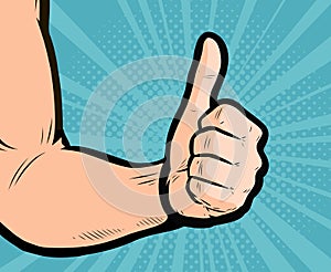 Thumb up hand gesture. Retro comic pop art vector illustration