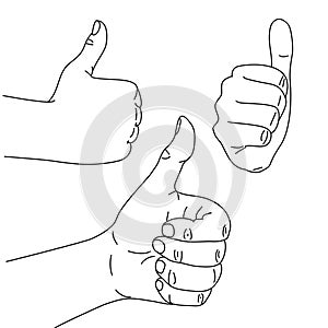 Thumb up hand symbol on a white background, different positions