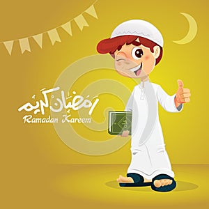 Thumb Up Happy Muslim Boy Holding Quran Book