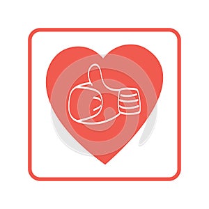 Thumb up icon, vector logo illustration. Hand in mitten in a heart.