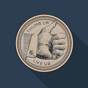 Thumb up label, social networks, vintage gravure