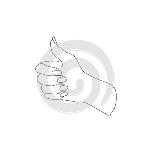 Thumb up, like, female hand beautiful manicure. Modern minimalistic vector line art illustration isolated on white