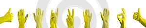 Thumb up, ok, hi, rock gestures set, hand in yellow glove isolated on white background