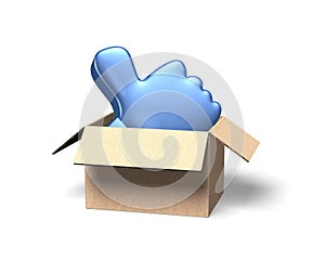 Thumb up in opened cardboard box, 3D illustration