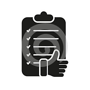 Thumb Up And Paper Document Silhouette Icon. Approve Business Agreement Glyph Pictogram. Customer Positive Feedback