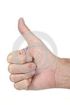 Thumb up sign, male hand, isolated on white background