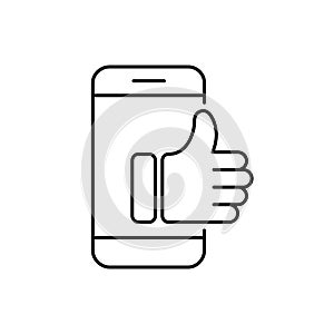 Thumb up from smartphone screen line icon