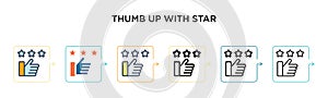 Thumb up with star vector icon in 6 different modern styles. Black, two colored thumb up with star icons designed in filled,