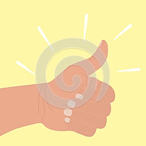 Thumb up. Symbol of agreement, praise, confirmation. Positive icon okay good job. Hand with raised thumb in flat cartoon style