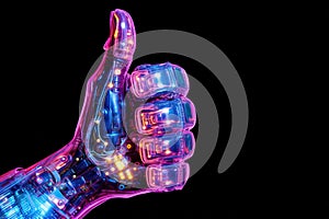 Thumb up symbol in cyberspace showing like or good. Robotic hand with data lines and power surges. Approved. Generative AI.