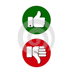 Thumb up, thumb down, green and red sillouettes. Vector photo