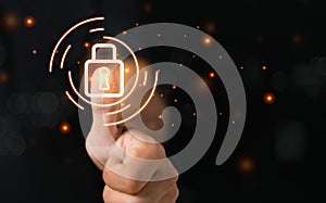 Thumbprint sensor digital data concept, Businessman fingerprint digital scanner. security electronic password code applications.