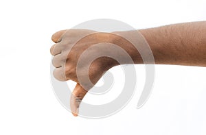 Thumbs down, dislike, disagree sign with male hand on isolated white background