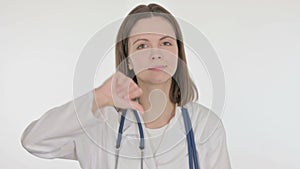 Thumbs Down by Female Doctor on White Background