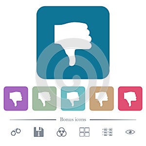 Thumbs down flat icons on color rounded square backgrounds