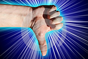 Thumbs down gesture, abstract blue background