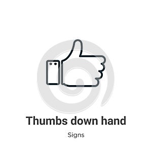 Thumbs down hand outline vector icon. Thin line black thumbs down hand icon, flat vector simple element illustration from editable