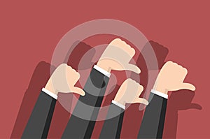 Thumbs-down on red background in flat style. Negative feedback concept