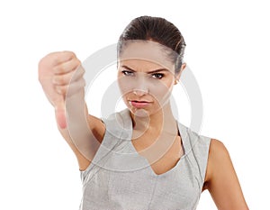 Thumbs down, sad and portrait of business woman with opinion, negative and no hand gesture. Studio, frown and