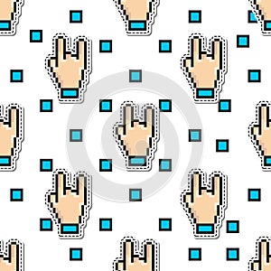 Thumbs Hand Rock vector seamless pattern. gestures pixel art style. Two fingers sign design concept background. For use