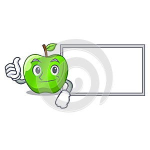 Thumbs up with board cartoon of big shiny green apple