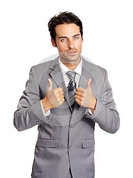 Thumbs up, business man and portrait in studio for achievement, winning deal or support victory on white background