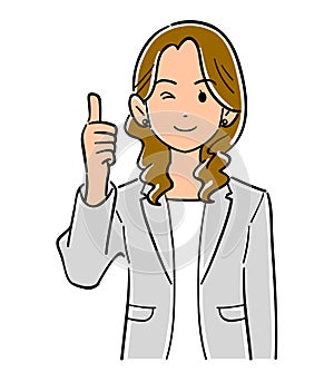 Thumbs up, business woman in gray jacket