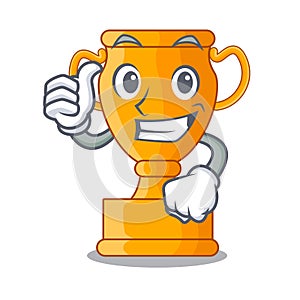Thumbs up cartoon trophy cup with star on cyan