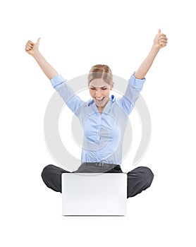 Thumbs up, celebration and business woman with laptop in studio isolated on white background. Winner, computer and