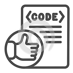 Thumbs up on code file, coding well done line icon, programming concept, software vector sign on white background