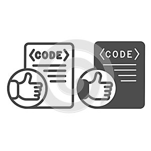 Thumbs up on code file, coding well done line and solid icon, programming concept, software vector sign on white