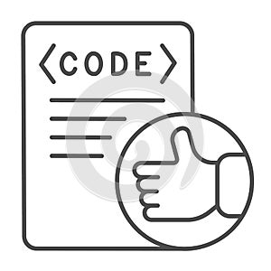Thumbs up on code file, coding well done thin line icon, programming concept, software vector sign on white background