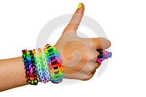 Thumbs up for colorful rainbow loom rubber bands bracelet.