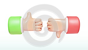 Thumbs up and down. 3D cartoon vector hands